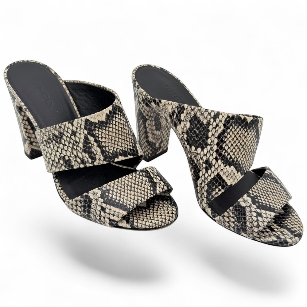 Vince Snakeskin Print Leather Mule Sandals Block Heel Made Italy Size 6